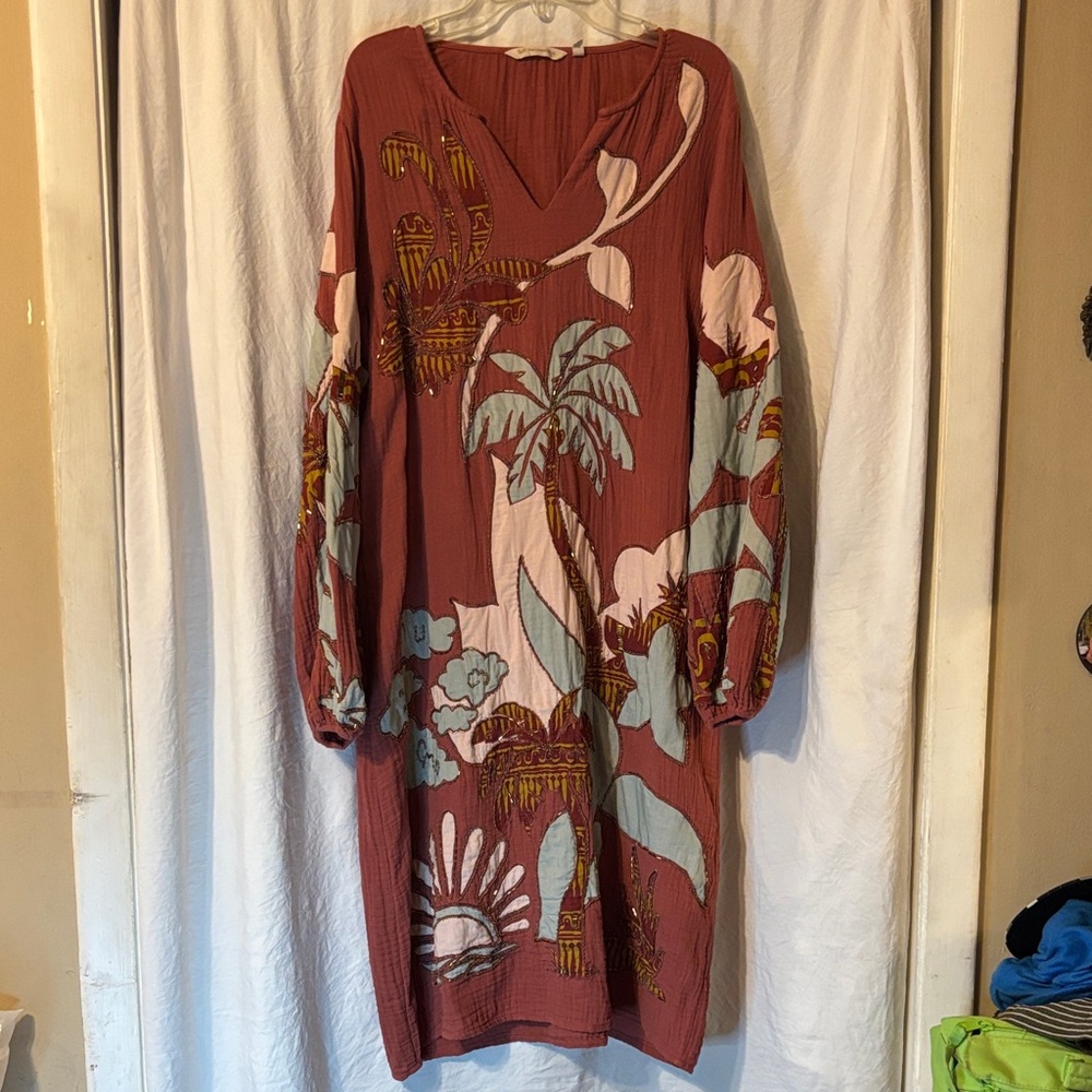 Soft Surroundings Terracotta, Blue & Pink Long Sleeve Pull over Cotton Dress